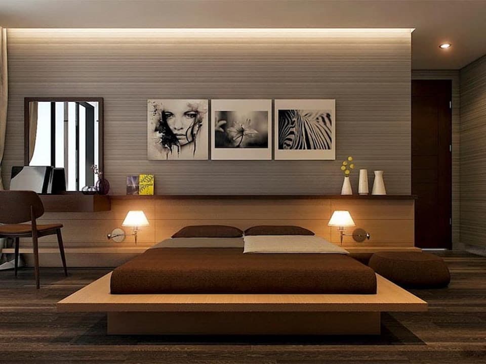 Phòng ngủ phong cách tối giản được trang trí bởi tranh nghệ thuật